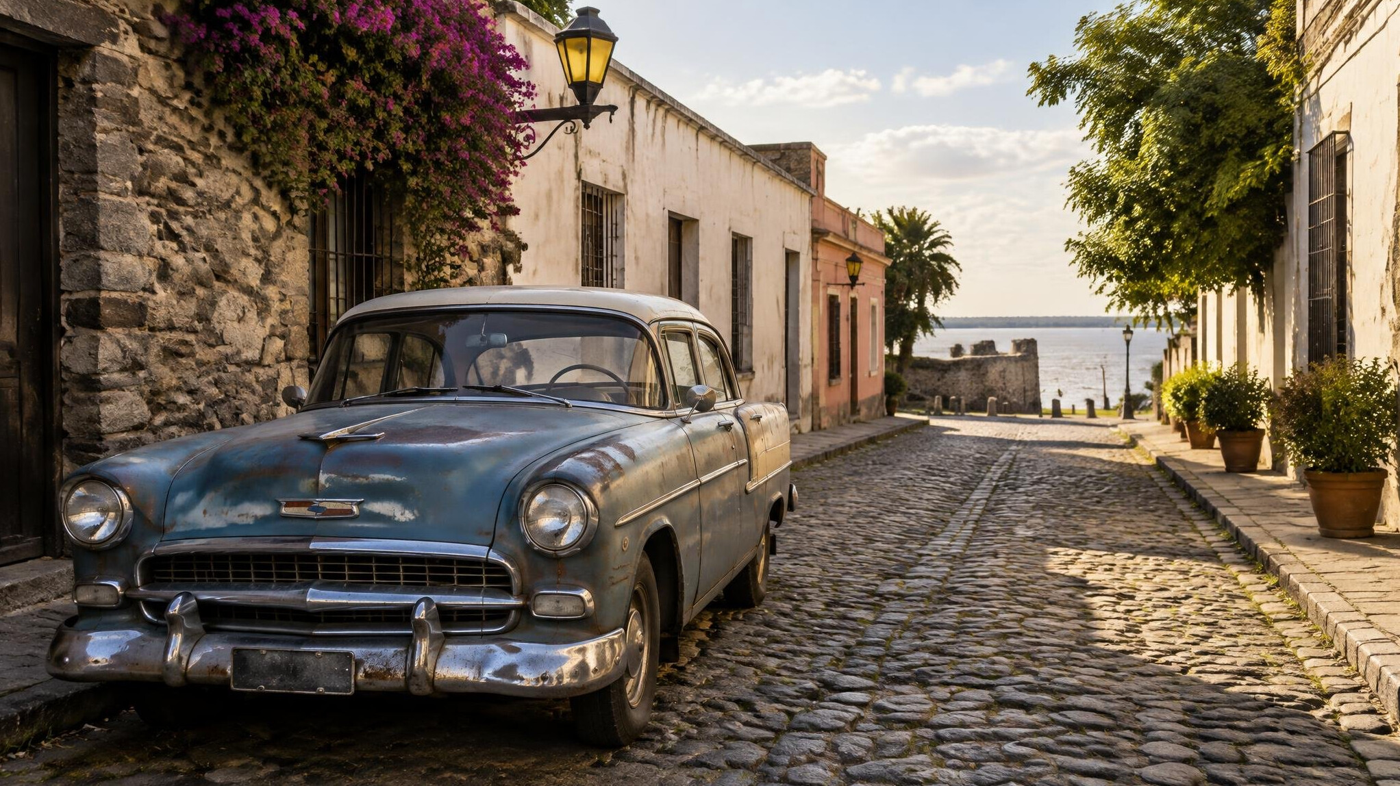Vintage automobile parked on a cobblestone street in Colonia del Sacramento