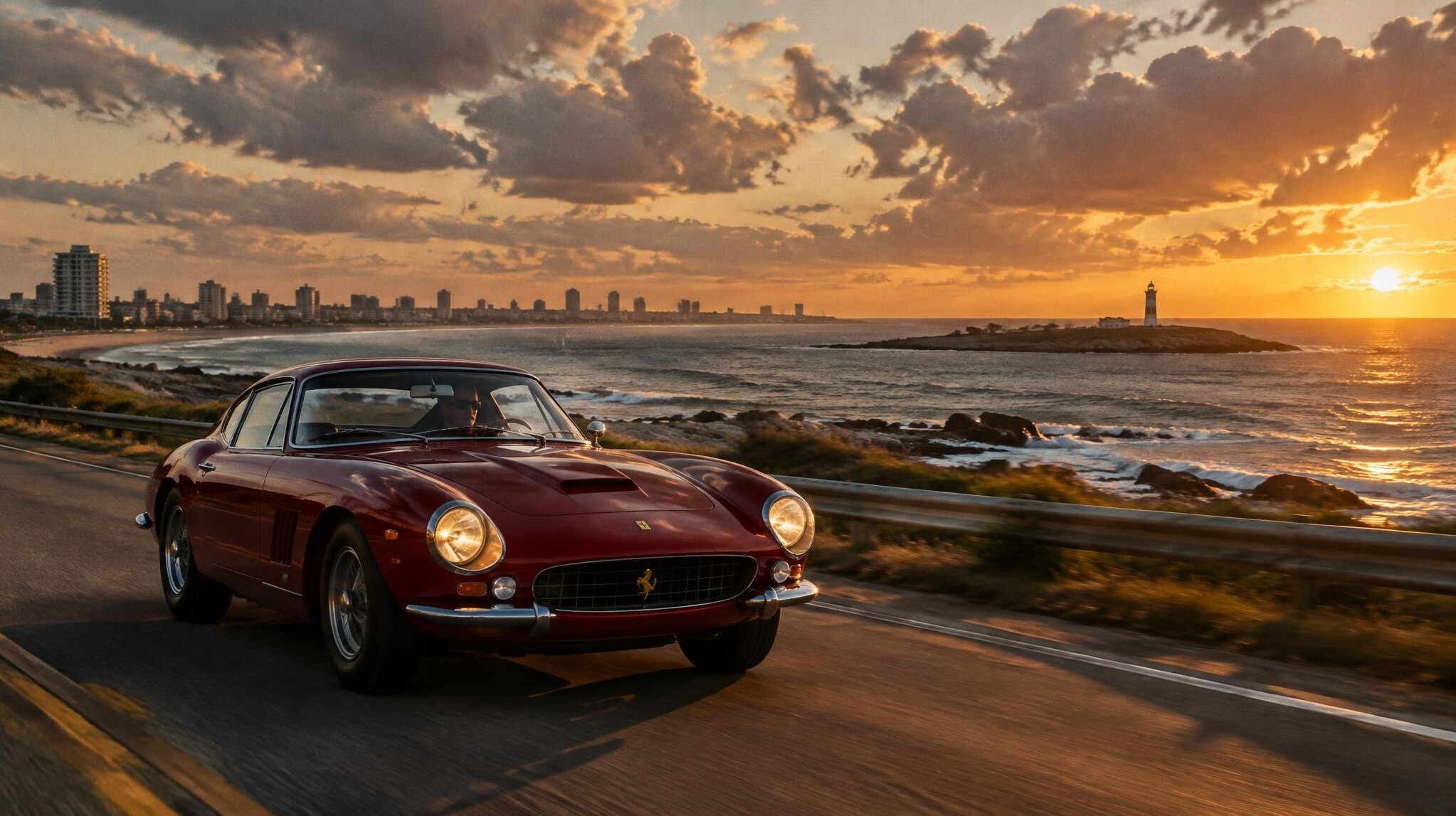 Vintage sports car driving along a coastal road near Punta del Este at sunset