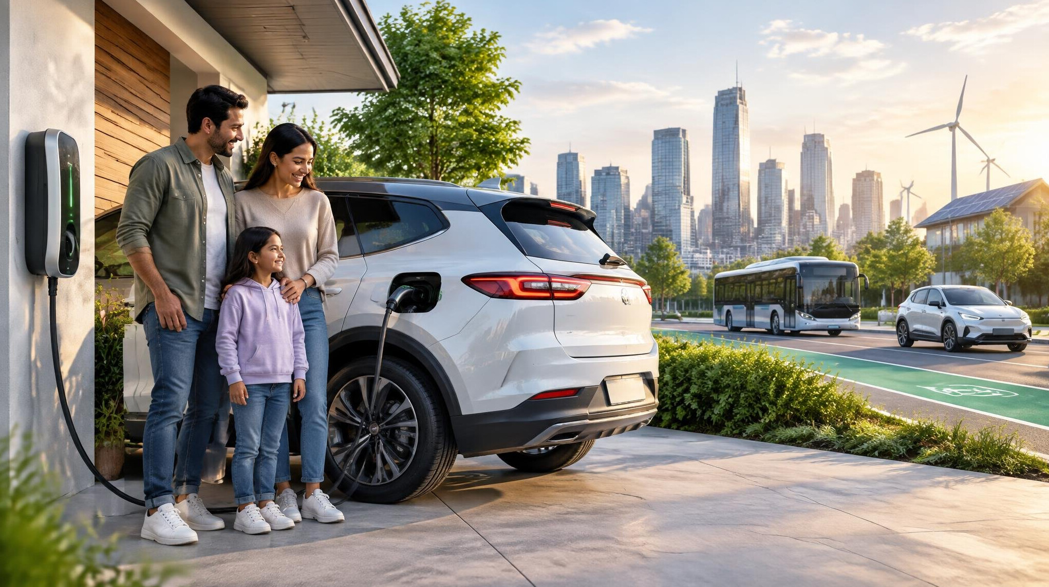 family with electric car