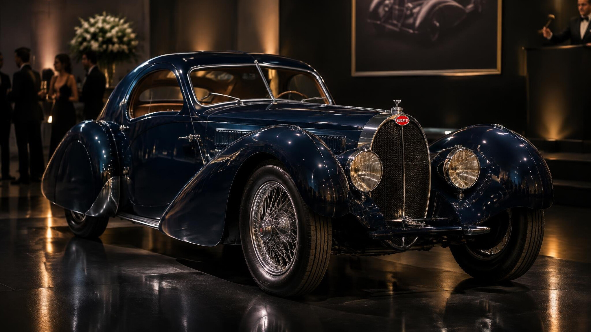 Rare vintage Bugatti automobile displayed at an elegant evening auction gala