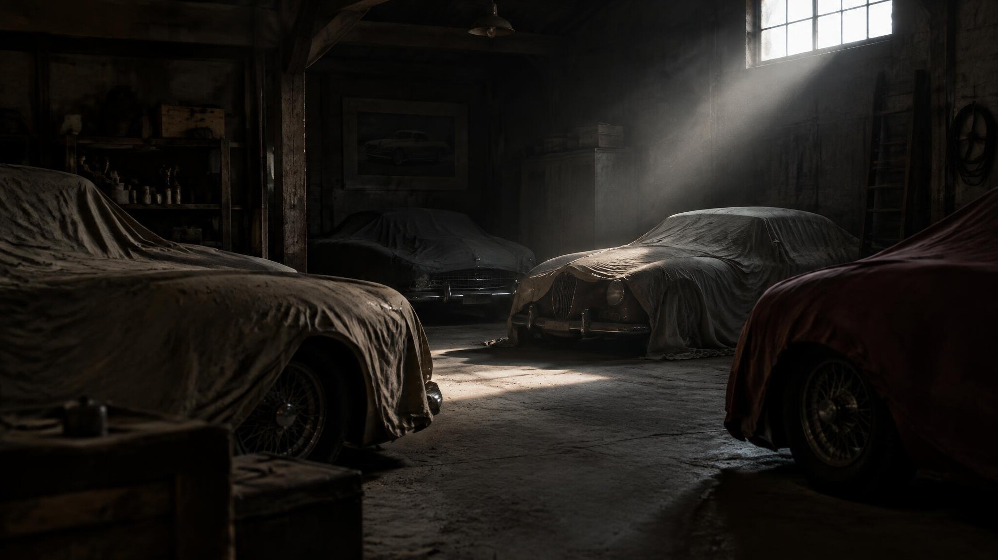 Dimly lit garage with covered vintage automobiles hidden beneath dust sheets
