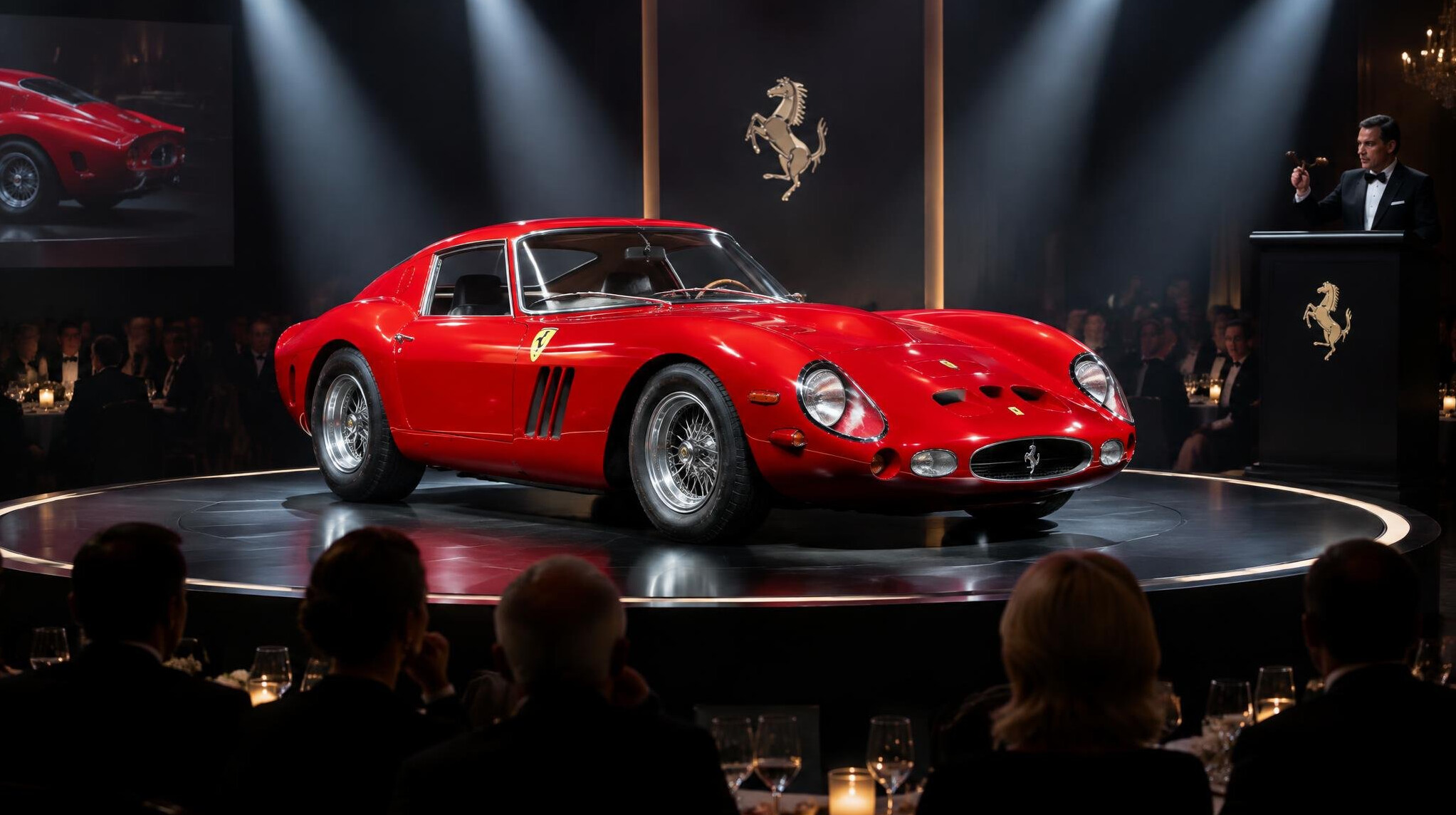 Classic red Ferrari displayed on a stage during a formal automobile auction event