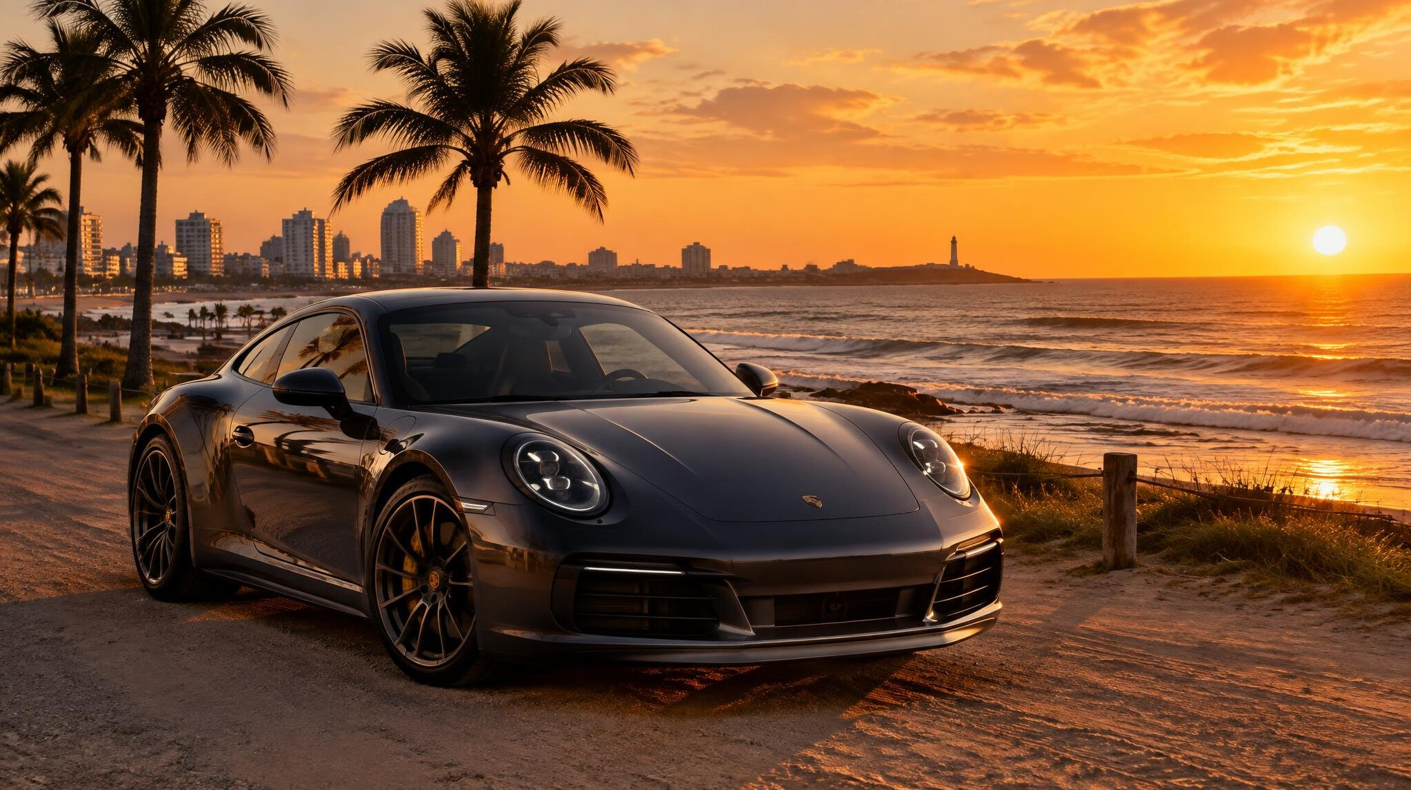 Luxury automobile parked near the beach in Punta del Este at sunset