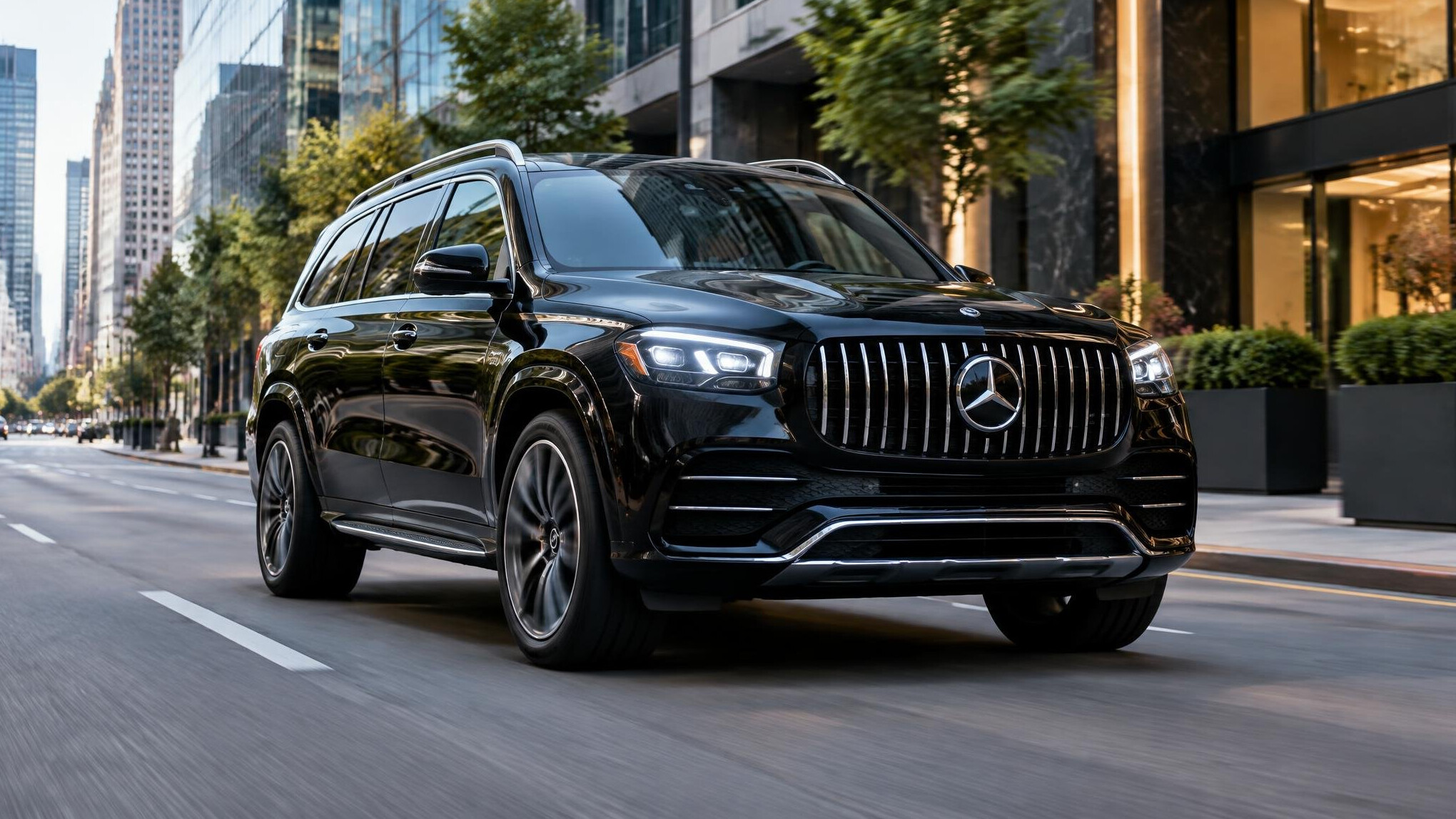 black luxury SUV on city street