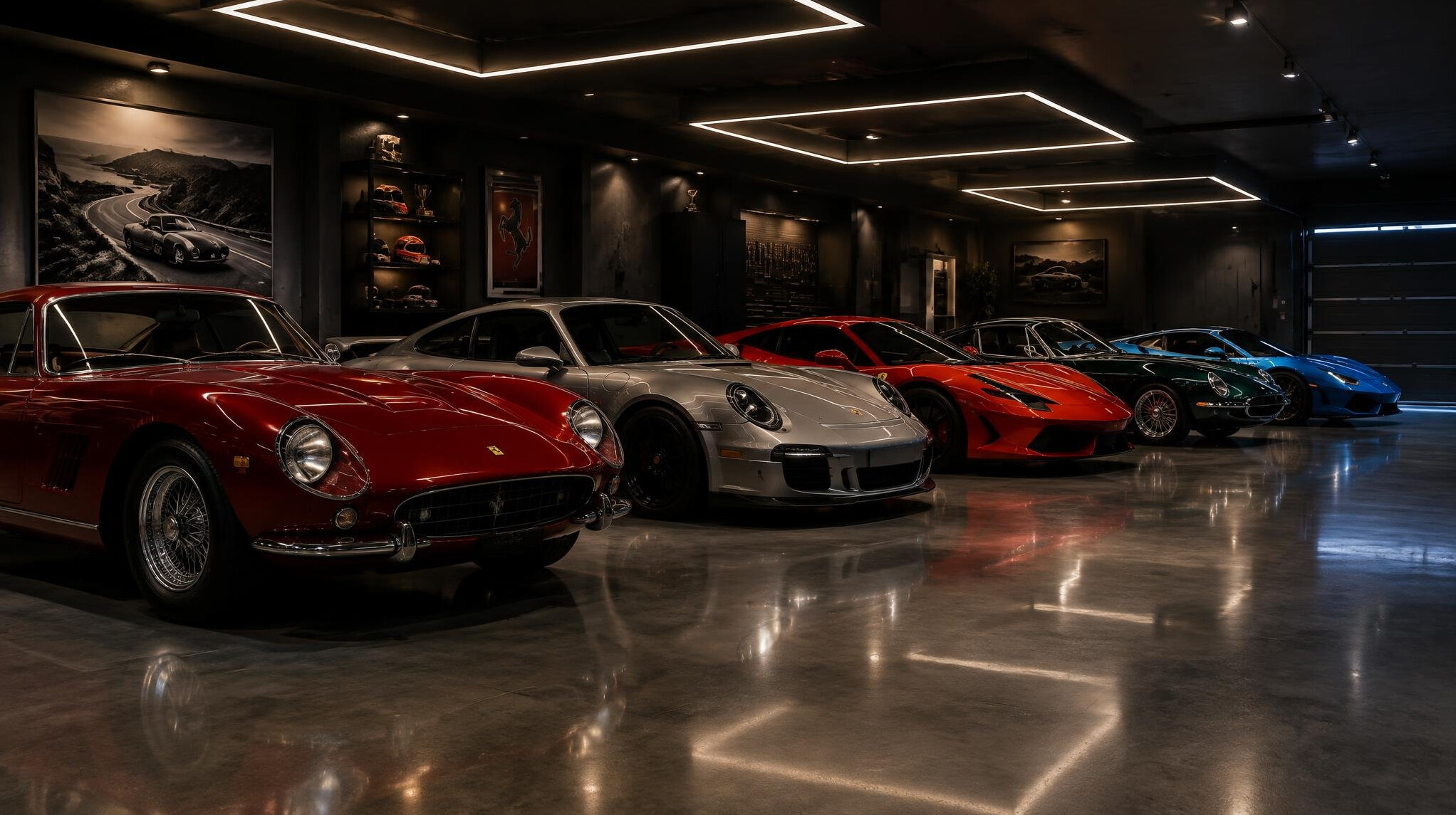 Private garage collection with several rare sports cars parked in a row