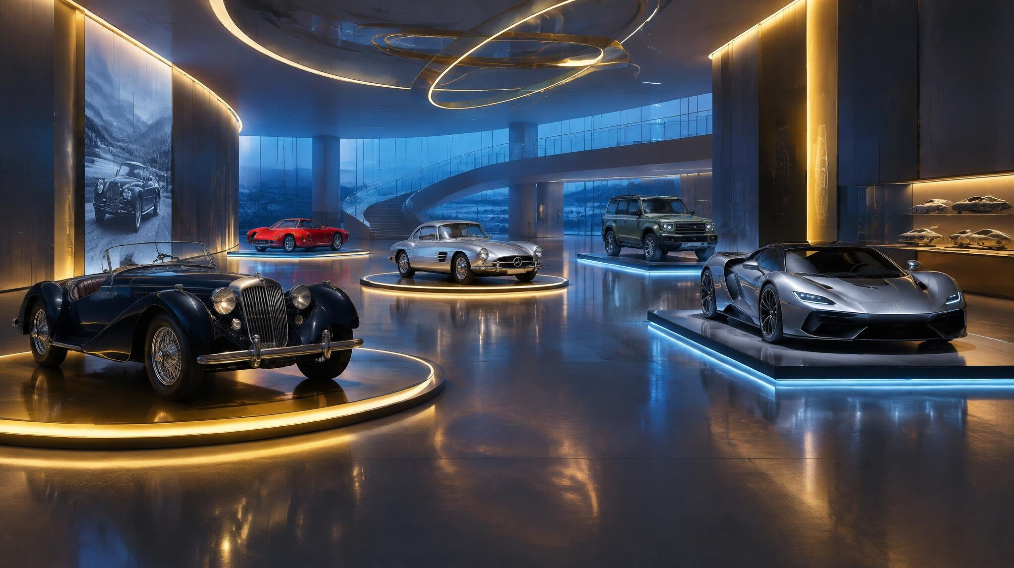 Futuristic museum interior displaying classic and modern automobiles under ambient lighting